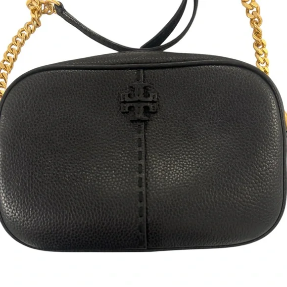 Tory Burch McGraw Camera Bag Black Pebbled Leather with Gold and Leather Chain